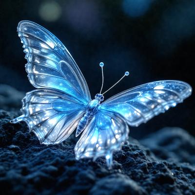 The primary subject of the image is a blue butterfly with a glowing effect, sitting on a dark surface. The setting is a dark background, and the visual style appears to be a digital art or illustration. The colors and mood of the image are predominantly dark and moody, with the blue butterfly being the main focal point.